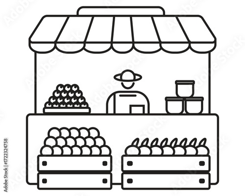 Simple illustration of a fruit vendor's stall, offering various fresh produce and goods for sale