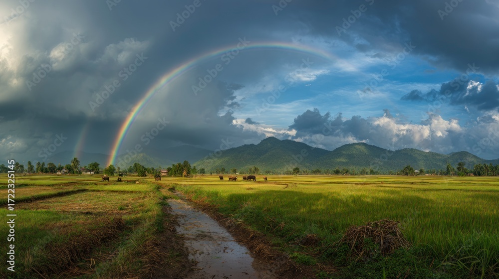 Naklejka premium Rainbow over lush rural landscape