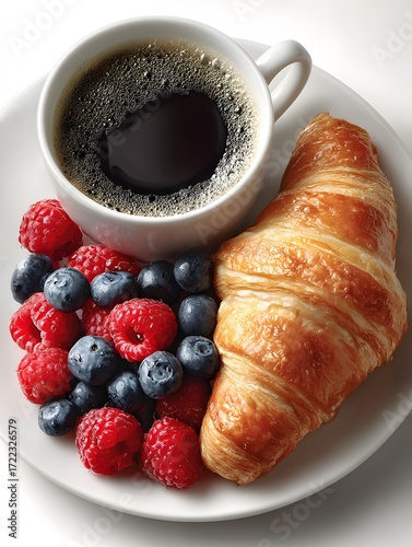 Fresh croissant alongside raspberries, blueberries, and coffee, ready for a delicious breakfast treat.