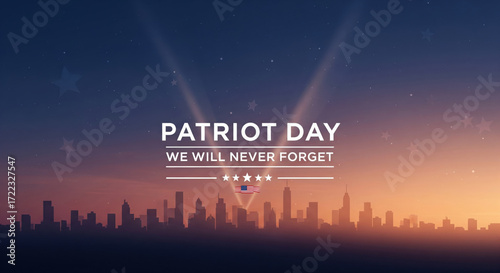 Patriot Day remembrance city skyline sunset stars tribute memorial unity hope silhouette peaceful evening honoring American spirit emotional inspirational urban landscape dusk glowing sky
