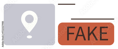 Gray location pin contrasts with bold red Fake tag, symbolizing misinformation or fraud warning. Ideal for disinformation, fact-checking, fraud alert, location authenticity, data accuracy, digital