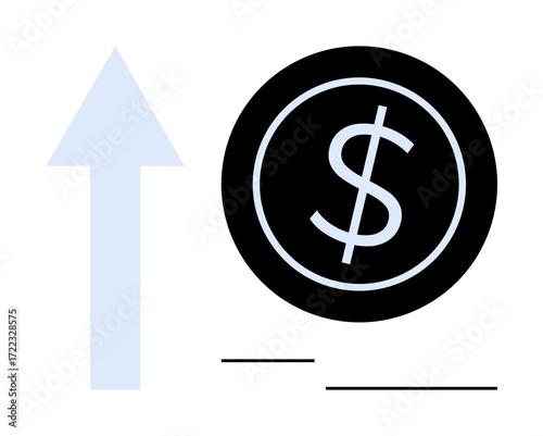 Black dollar coin and upward arrow symbolize financial growth, profits, and revenue increase. Ideal for business, investment, economy, banking, inflation, savings success simple flat metaphor