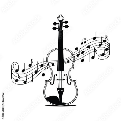 Elegant violin silhouette with flowing musical notes and staff