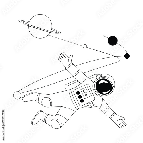 Astronaut floating in space with planets and a satellite