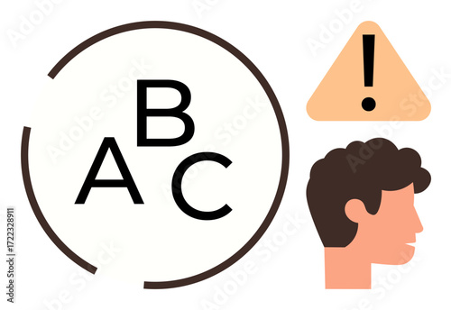 Letters inside a circular frame, orange triangular caution mark with exclamation, and human side profile. Ideal for education, language, focus, attention, childcare, early learning simple flat