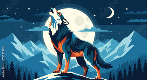 Majestic wolf howls at the radiant full moon amidst a serene, starlit mountain range, capturing the wild spirit of the nocturnal wilderness in a stylized illustration
