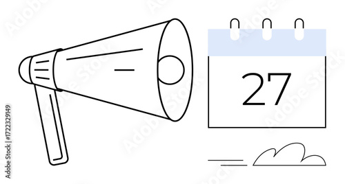 Megaphone amplifying message near calendar with date 27, symbolizing event planning, reminders, promotions. Ideal for marketing, communication, scheduling, deadline, announcement task management