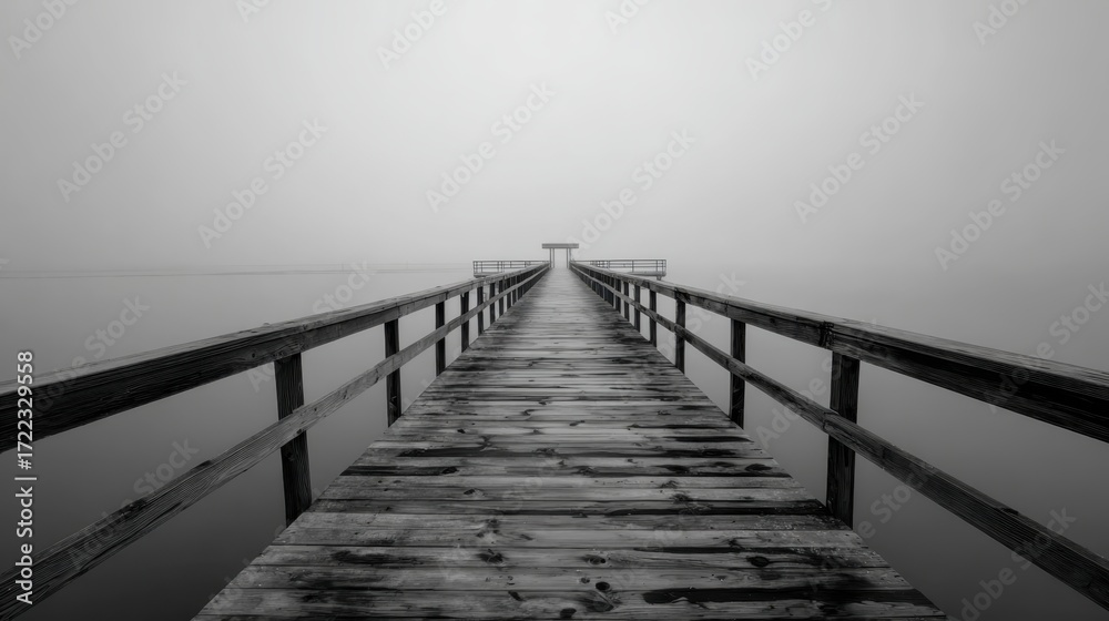 Obraz premium Pier into the mist: A serene, monochromatic shot captures the timeless beauty of a wooden pier extending into a tranquil body of water shrouded in mist.
