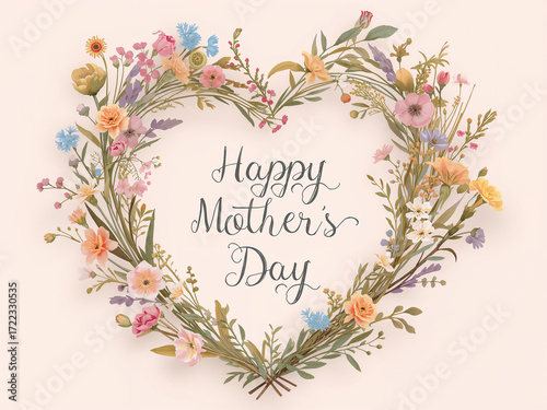 Heart shaped floral wreath with happy mothers day text