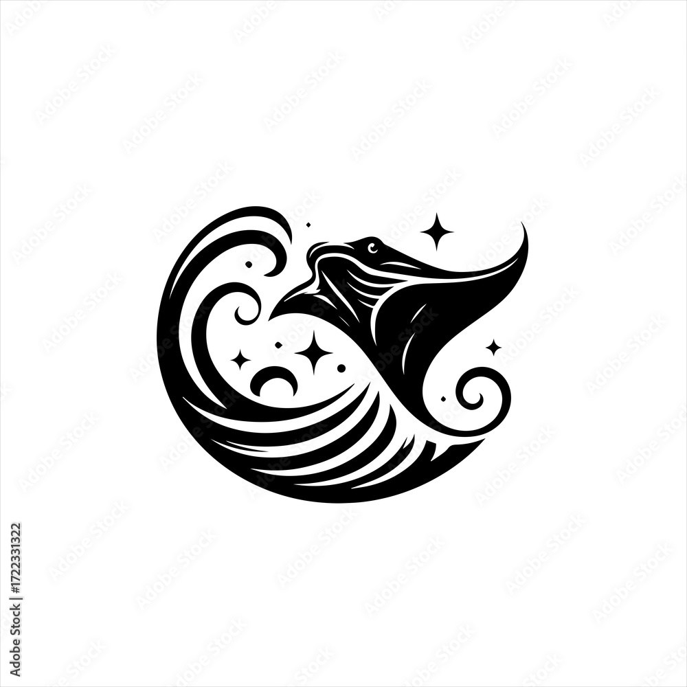 Fototapeta premium Stylized black manta ray with waves and stars in a circular design