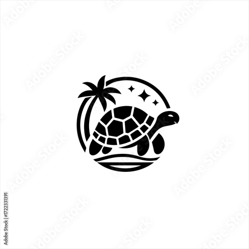Black silhouette of a sea turtle with palm tree and stars in a circle