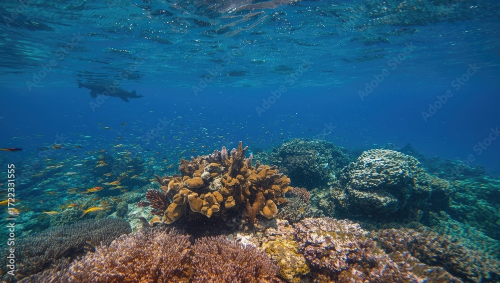 Obraz premium Vibrant coral reef teeming with fish and marine life, a beautiful underwater scene.