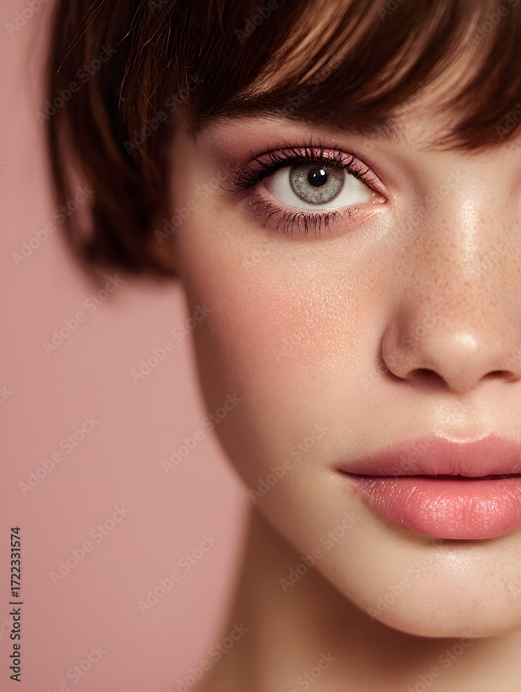 Fototapeta premium A beautiful young woman with freckles and soft pink makeup poses against a pink backdrop for portrait.