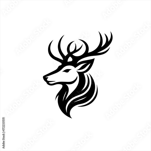 Stylized black deer head silhouette with antlers on white background