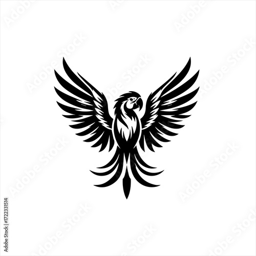 Stylized black parrot with spread wings on a white background