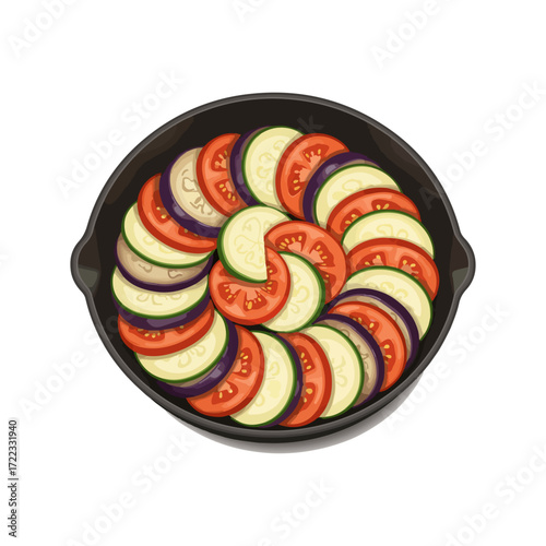 Realistic Vector Illustration of Ratatouille Dish with Fresh Vegetables

