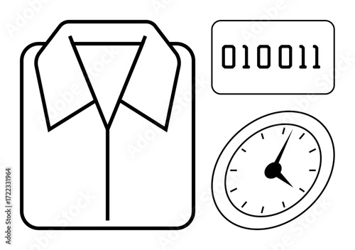 Outline of a formal shirt, stopwatch with dial, and binary digits. Ideal for themes thumbs up time management, punctuality, efficiency, work schedule, coding technology and productivity. Simple