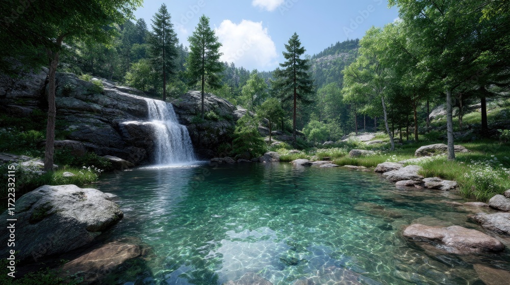 Fototapeta premium Lush Waterfall Scene with Turquoise Water and Sunlight Streaming Through Green Trees and Vegetation in a Rocky Environment Under a Blue Sky in Daytime