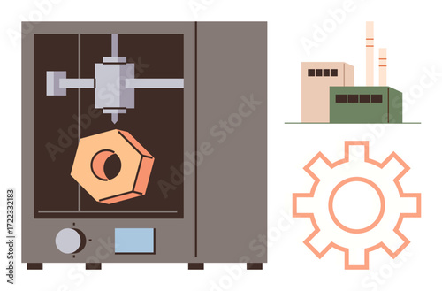 3D printer crafting hexagonal object, factory buildings and gear icon represent manufacturing, production, automation, engineering, technology, prototyping, innovation. Flat design simple metaphor