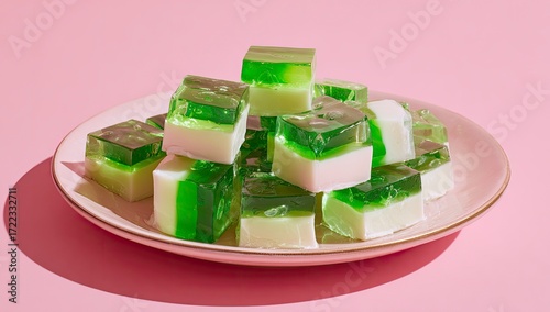 A pale pink plate holds a haphazard stack of vibrant green and off-white gelatin cubes against a matching pink backdrop.  The lighting is bright and casts subtle shadows