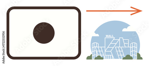 Black location pin transitioning to shopping mall with arrow pointing right. Ideal for navigation, retail, travel, mapping, targeting, urban planning, geolocation. Simple flat metaphor