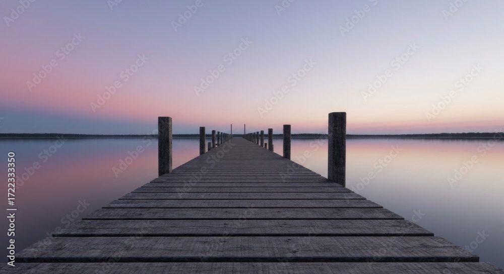 Fototapeta premium Serene wooden pier extending into a calm lake at sunrise or sunset. Soft pastel colors paint the sky and water, creating a tranquil and peaceful atmosphere