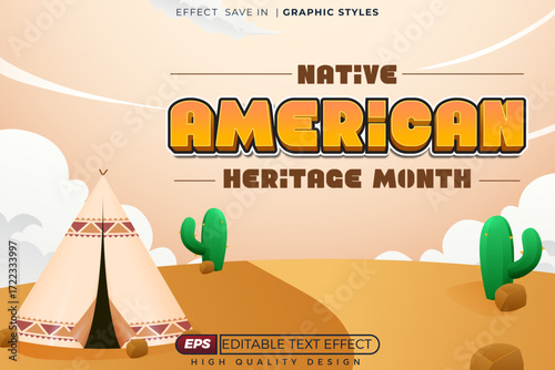 Editable 3d text effect native american heritage with illustration for poster template