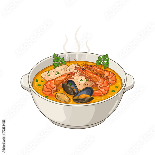Realistic Vector Illustration of Bouillabaisse – Traditional French Seafood Stew
