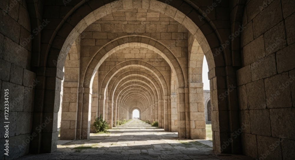 Naklejka premium Stone arched walkway, sunlit perspective