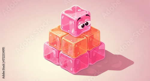 A whimsical illustration featuring a stack of colorful, translucent jelly cubes with a cute face on top.