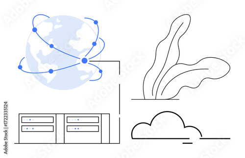 Globe with nodes connecting, two servers linked, cloud shape, abstract leaves. Ideal for technology, environment, cloud computing, data sharing eco-tech connectivity global communication. Simple