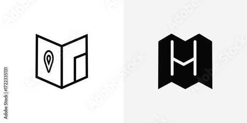 Two distinct map icons one outlined with a location pin the other solid black with a hotel symbol