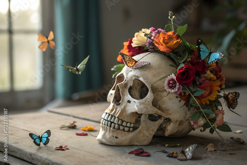 A human skull with blooming flowers and colorful butterfly in wooden table , vector art, illustration art 