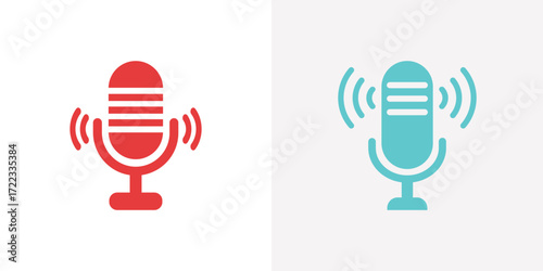 Two stylized microphones one red and one blue indicating audio recording or broadcasting
