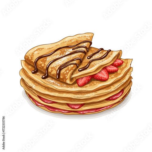 Realistic Vector Illustration of French Crêpes with Berries and Syrup
