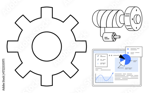 Gear, motor schematic, and analytics dashboard highlighting innovation, engineering, data analysis, and efficiency. Ideal for technology, mechanics, business solutions and a simple landing page
