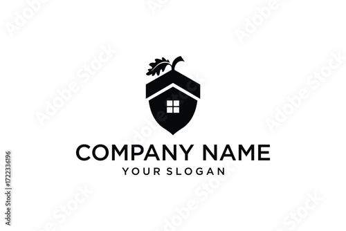 Home Acorn Logo. Home, House and Acorn with Minimalist Style. Oak Home Logo, Icon, Symbol, Vector, Design Inspiration.