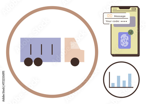 Truck in motion, phone with fingerprint and password authentication, and a bar chart inside circle. Ideal for logistics, delivery, security, authentication, analytics, supply chain digital