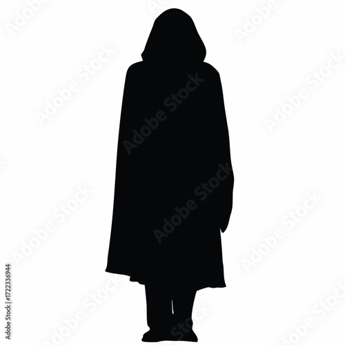 Silhouette of a person wearing a hooded cloak standing against a white background