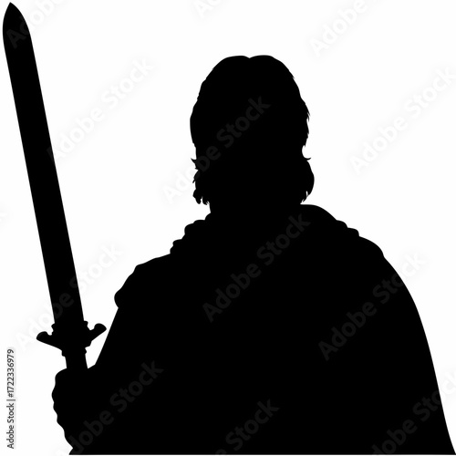 Silhouette of a warrior holding a sword and wearing a cape