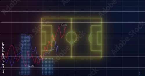 Neon yellow lines appearing forming pitch outline, graphs and bars rising to represent stats