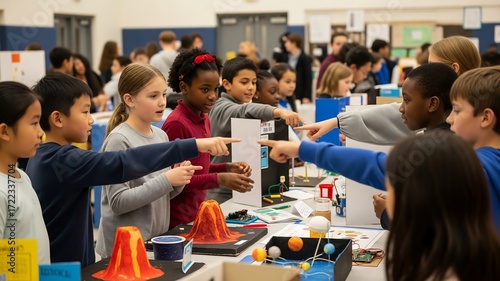 Science Fair Excitement: A diverse group of elementary school students passionately present and discuss their science projects during a school-wide science fair.