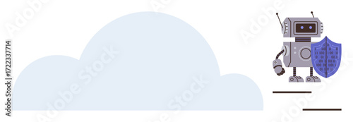 Robot holding shield standing near cloud graphic, representing protection, technology, and artificial intelligence. Ideal for cybersecurity, data privacy, AI, cloud computing, digital safety secure