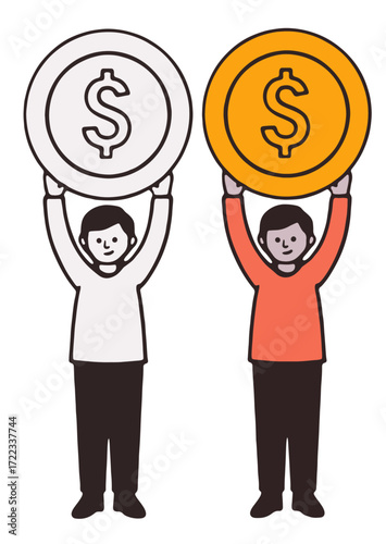 Two cartoon people holding up large dollar coins, one silver and one gold, representing finance, investment, or economic concepts.