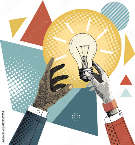 Modern halftone collage illustration of two hands holding a glowing lightbulb, symbolizing creativity, brainstorming, and innovative business solutions in contemporary vector art style.