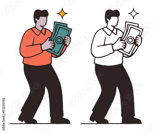 Two illustrations of a person holding stacks of money, one in color and one in black and white.