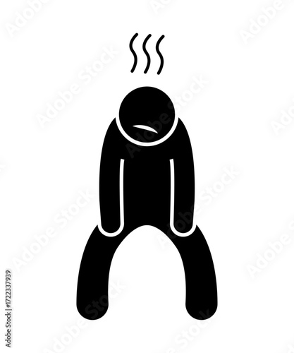 Stickman sad person with head down feeling depressed. Stick figure cartoon expression.