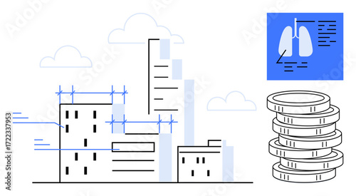 Construction site with developing buildings, lungs diagnostics screen, and stacked coins symbolizing health, economy, and progress. Ideal for urban planning, healthcare, economy, innovation growth