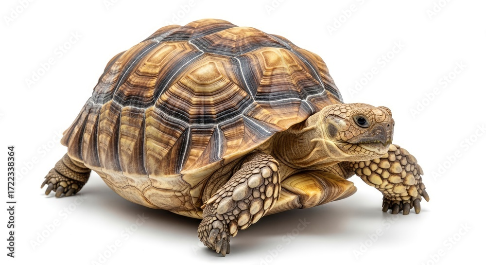 Naklejka premium A brown and tan tortoise with a patterned shell stands on a white surface looking forward