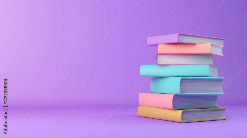 Fototapeta premium Stack of pastel books on a purple background, creating a visually appealing and calming image that promotes reading, education, and the joy of learning